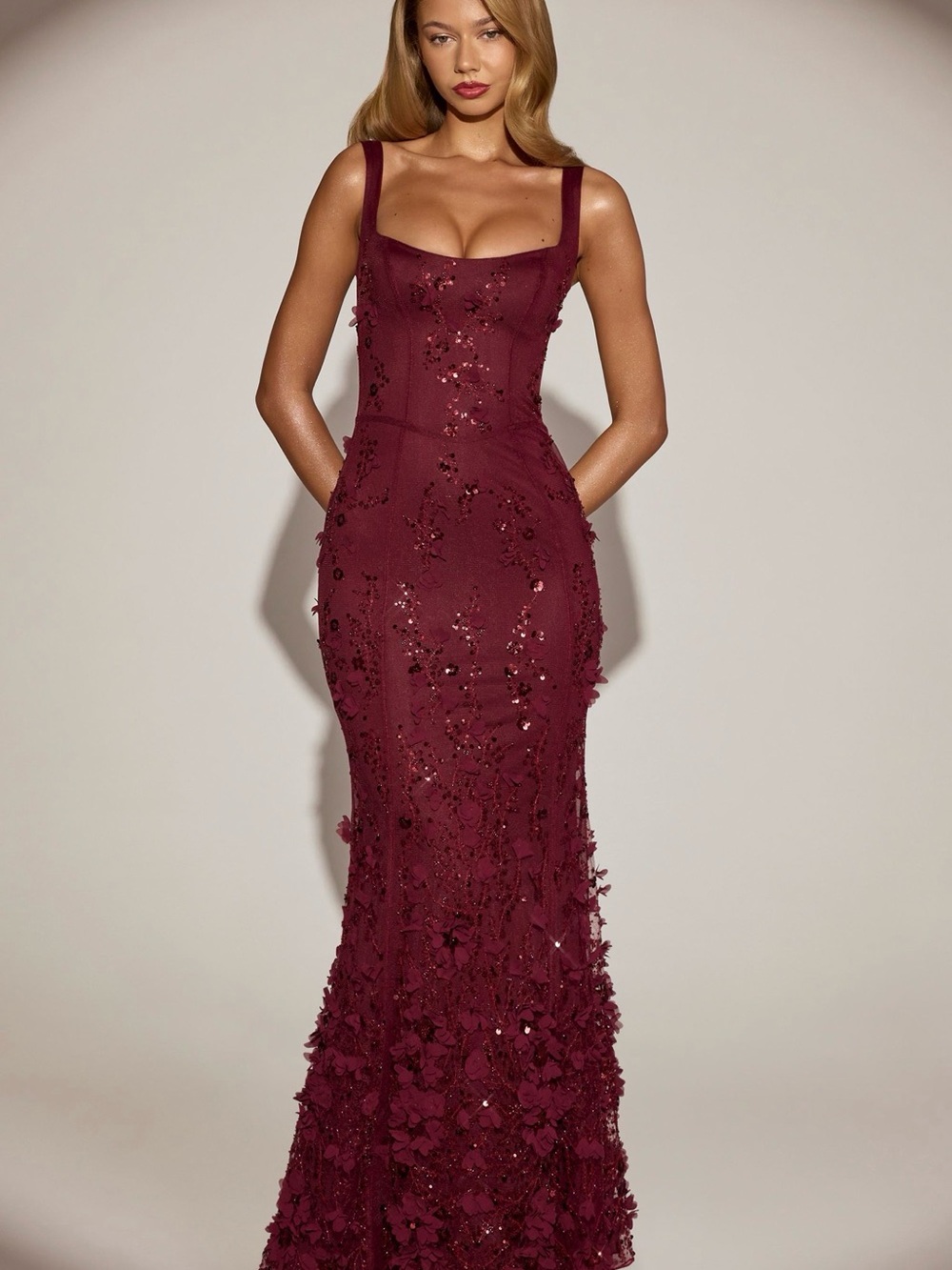 Oh Polly Elegant Burgundy Embellished Evening Gown